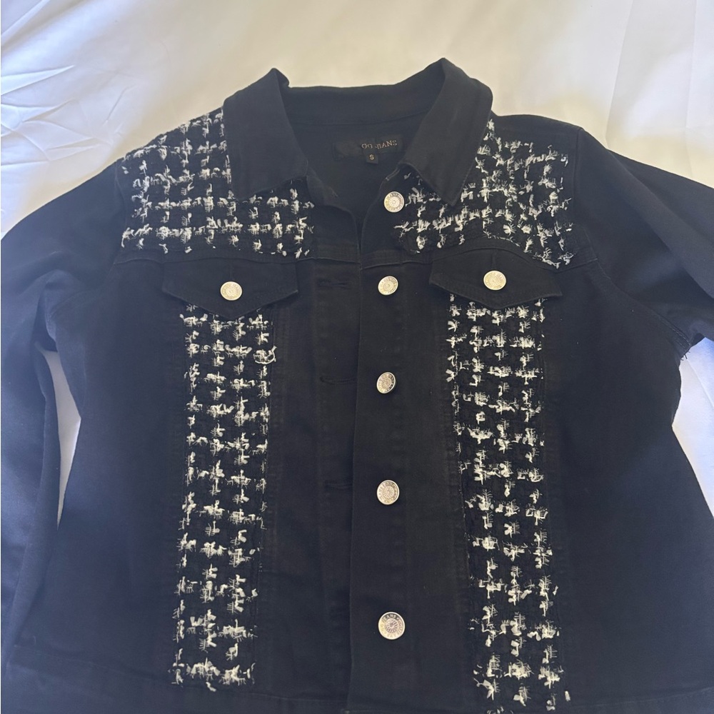 St. John's Bay Black and White Jean Jacket with Geometric Pattern